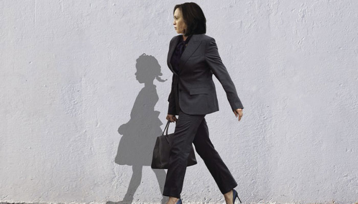 Kamala Harris walks alongside the shadow of civil rights icon Ruby Bridges in artwork by Good Trubble