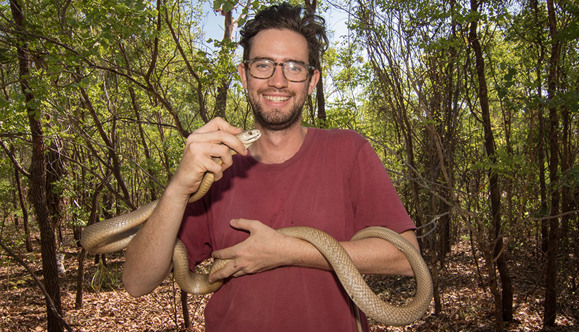 Dr Chris Jolly holding a snake. 
