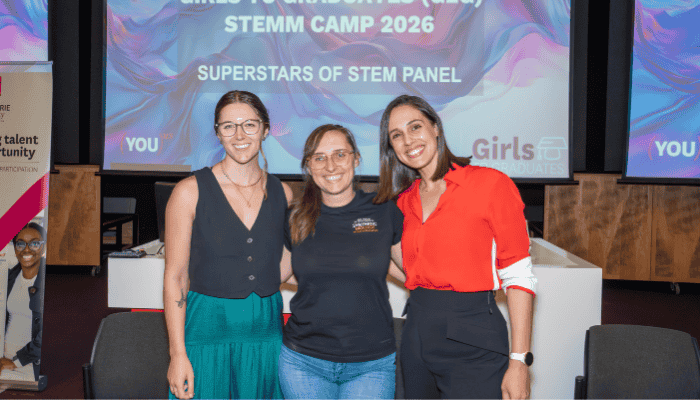 Sally Hurst, Dr Paige Erpf and Dr Vanessa Pirotta smile together  