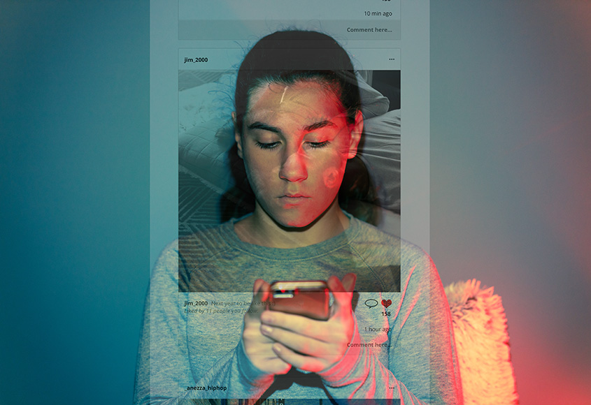 Teenage girl scrolls Instagram. 