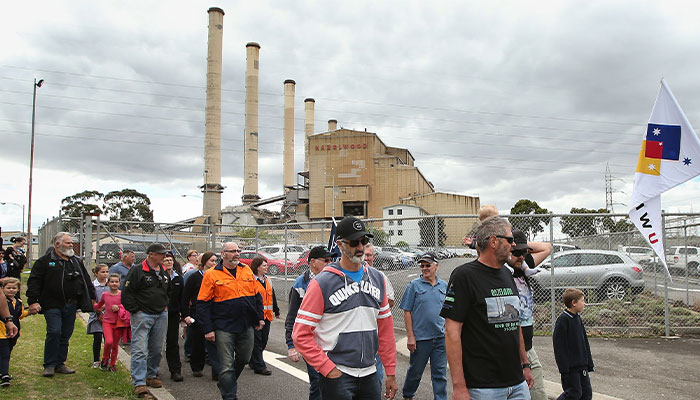 Workers leave Hazelwood Power Station after their final shift on March 31, 2017