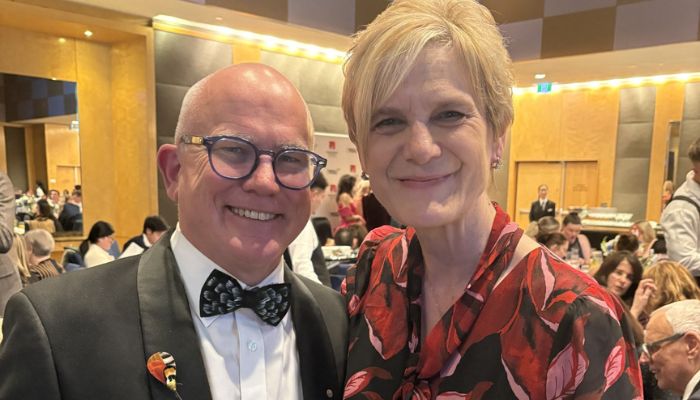 Meryn Bulley and Professor Dominic Rowe at the 2026 MND Gala.