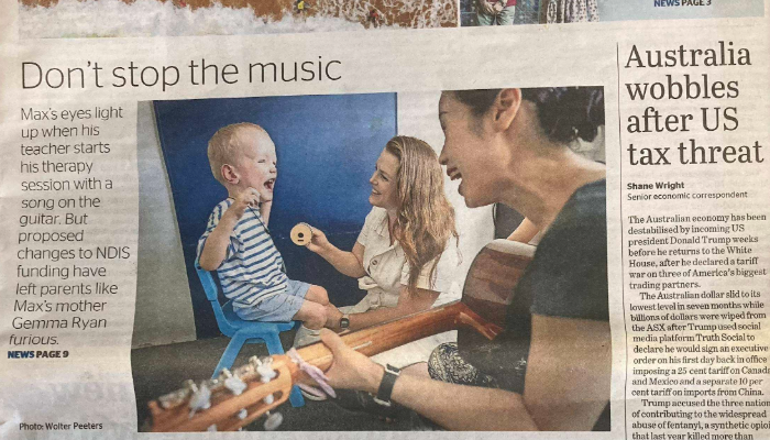 Gemma and her son Max pictured at a Music Therapy session in the Sydney Morning Herald