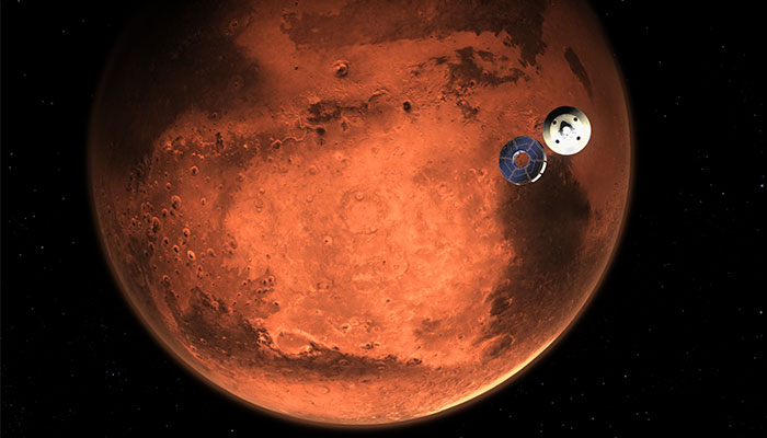 Illustration of Perseverance rover approaching Mars