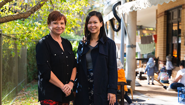Professor Sheila Degotardi and Fiona Sheng at Mia Mia Childcare Centre Macquarie University- MQ Talk