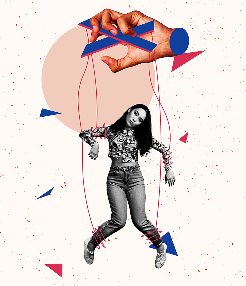An illustration of a woman on puppet strings. 