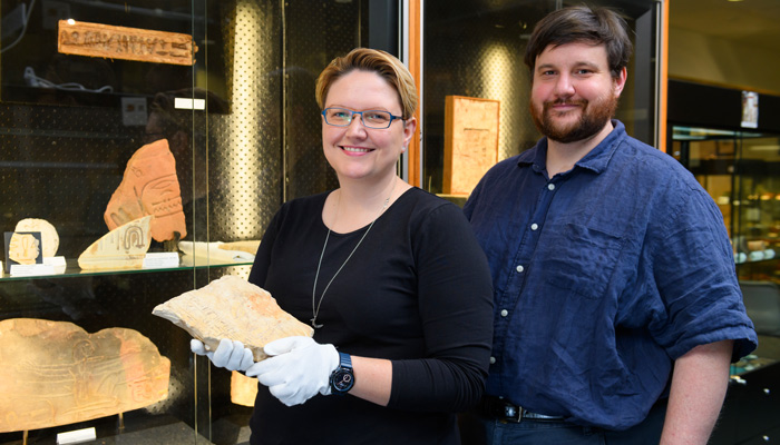 Doctors Alx Woods and Brian Ballsun-Stanton in Macquarie's Ancient History Museum.