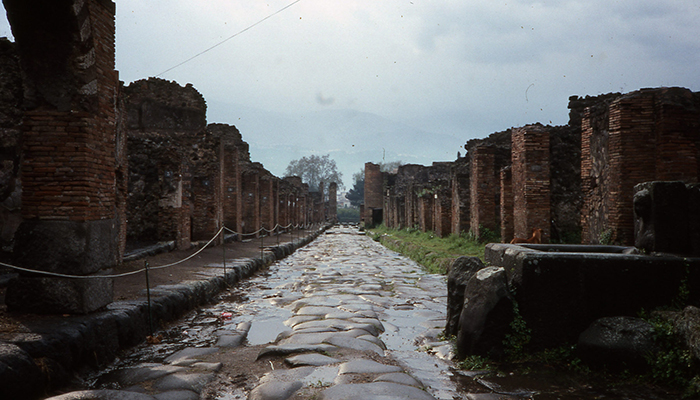 A cobbled street in between the ruins of Pompeii