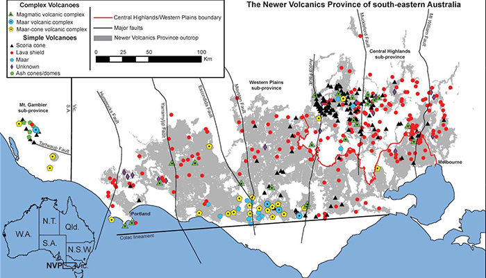 Location of the Newer Volcanics Province in southeast Australia showing the extent of lava flows and the different types of volcanoes.
