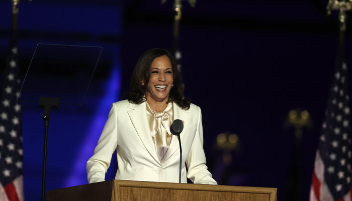 Kamala Harris delivers her acceptance speech following her and Joe Biden's victory in the US presidential election.
