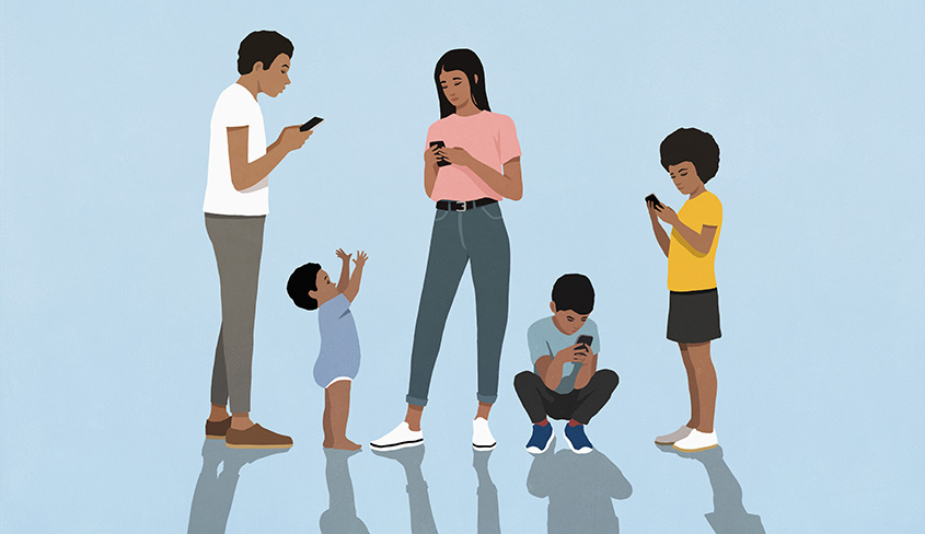 Family on phones cartoon 